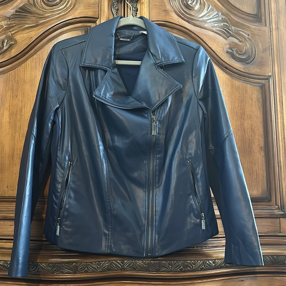 NEW Chicos Vegan Leather Asymmetrical ZipperDark Deep Navy Jacket Medium - Picture 4 of 11